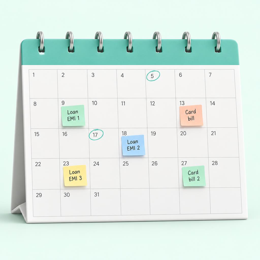 Illustrative calendar with personal loan EMI and credit card payment reminders on different dates